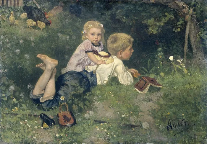 Framed Print : The Butterflies, by August Allebe, 1871, Dutch painting, oil on panel. A boy lying on grass while watching butterflies. He is accompanied by a blond little girl