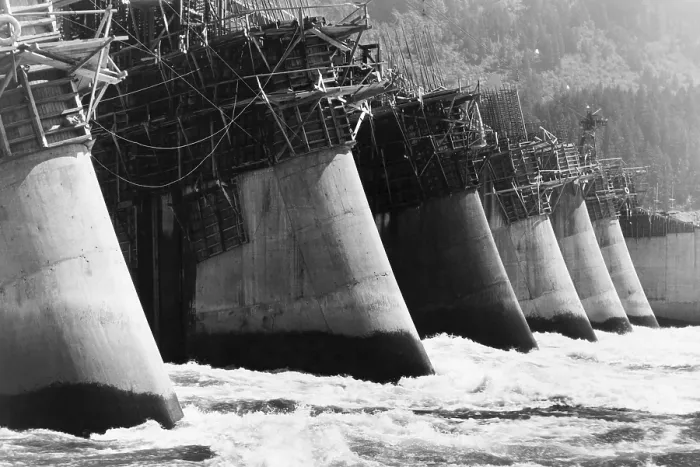 Framed Print : Buttresses of the Bonneville Dam under construction on the Columbia River