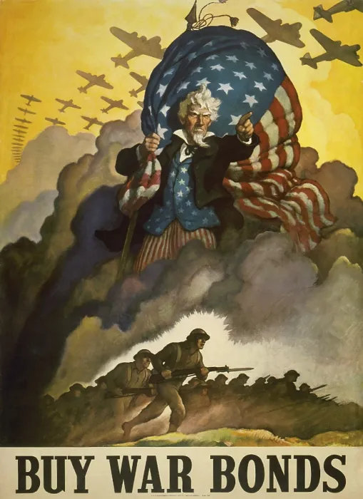 Framed Print : Buy War Bonds. World War 2 poster of Uncle Sam. He holds a U.S Framed Print : Buy War Bonds. World War 2 poster of Uncle Sam. He holds a U.S