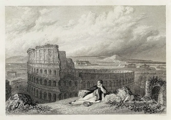 Framed Print : Byron, George Gordon Byron, 6th Baron, called 'Lord Byron' (1788-1824). Lord Byron in front of the Coliseum in Rome. Illustration by W. Westall. Engraving. SPAIN