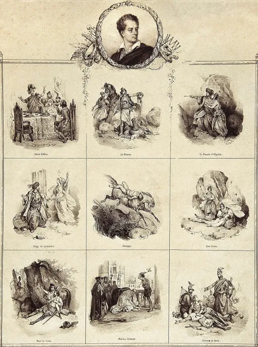 Framed Print : Byron, George Gordon Byron, 6th Baron, called 'Lord Byron' (1788-1824). Portrait of Lord Byorn with some scenes from his works. Litography. SPAIN. Madrid