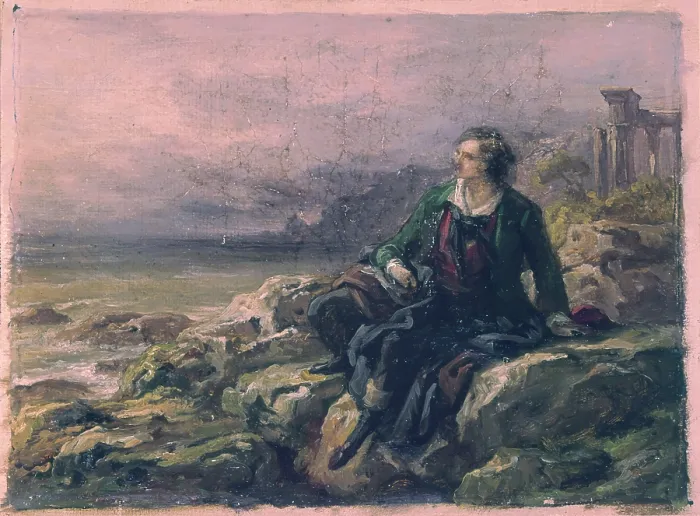 Framed Print : Byron among the ruins of Greece (Byron tra le rovine della Grecia), by Giovanni Carnovali also known as Piccio, 19th Century, oil on canvas - Private collection