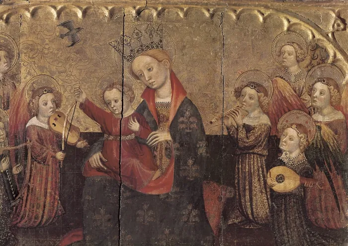 Framed Print : CABRERA, Jaume (1394-1432). Altarpiece Compartment with the Virgin, the Child and Angel Musicians. beg. 15th c. Central detail. Gothic art. Tempera on wood. SPAIN. Vic Framed Print : CABRERA, Jaume (1394-1432). Altarpiece Compartment with the Virgin, the Child and Angel Musicians. beg. 15th c. Central detail. Gothic art. Tempera on wood. SPAIN. Vic