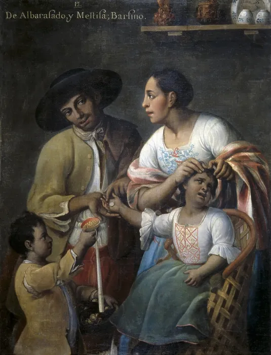 Framed Print : CABRERA, Miguel (1695-1768). From Albarazado and Mestiza, Barcino. 1763. Painting num. 12. Casta paintings. Mexican school. Colonial baroque. Oil on canvas. SPAIN. Madrid Framed Print : CABRERA, Miguel (1695-1768). From Albarazado and Mestiza, Barcino. 1763. Painting num. 12. Casta paintings. Mexican school. Colonial baroque. Oil on canvas. SPAIN. Madrid