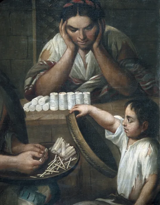 Framed Print : CABRERA, Miguel (1695-1768). De Castizo y Mestiza: Chamizo. Detail of how cigarrettes were made. Casta paintings. Mexican school. Colonial baroque. Oil on canvas. SPAIN. Madrid