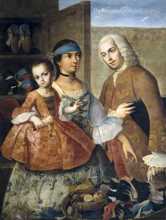 Framed Print : CABRERA, Miguel (1695-1768). De Espanol y Mestiza, Castiza. (from a Spanish man and a Mestizo woman, a Pure child comes). Casta paintings. Mexican school. Colonial baroque Framed Print : CABRERA, Miguel (1695-1768). De Espanol y Mestiza, Castiza. (from a Spanish man and a Mestizo woman, a Pure child comes). Casta paintings. Mexican school. Colonial baroque