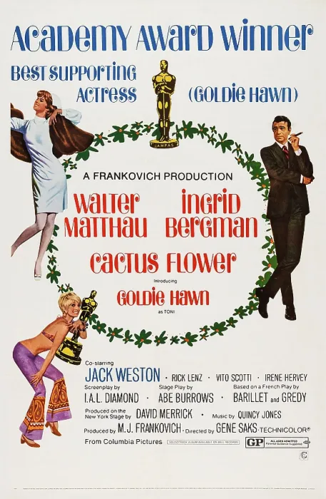 Framed Print : CACTUS FLOWER, US poster art, clockwise from top left: Ingrid Bergman, Walter Matthau, Goldie Hawn, 1969