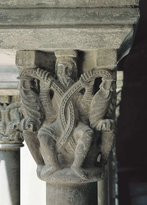 Framed Print : CADELL, Arnau (12th c.). Figured capital. 2nd half 12th c. SPAIN. Sant Cugat del Valls. Sant Cugat Monastery. Romanesque art. Relief on rock