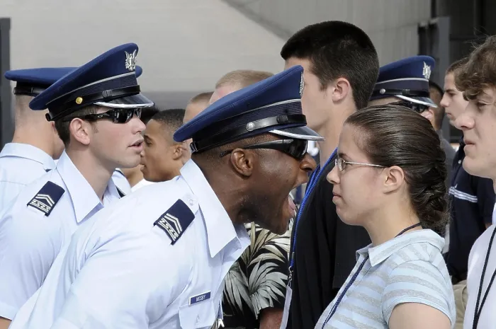 Framed Print : A Cadet 2nd Class yells instructions at new basic cadets during cadet in-processing at the US Air Force Academy in Colorado Springs Colorado. June 25 2009 (BSLOC_2011_12_366) Framed Print : A Cadet 2nd Class yells instructions at new basic cadets during cadet in-processing at the US Air Force Academy in Colorado Springs Colorado. June 25 2009 (BSLOC_2011_12_366)