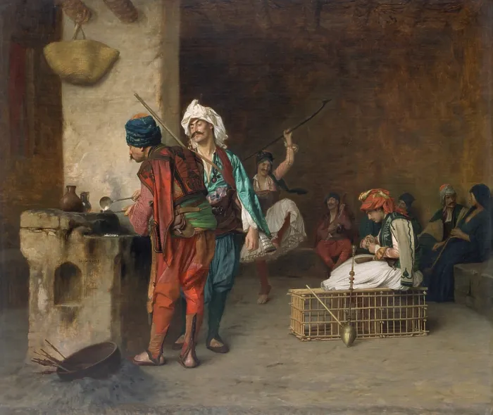 Framed Print : CAF HOUSE, CAIRO, (CASTING BULLETS), by Jean-Leon Gerome, 1884, French painting, oil on canvas. Bashi-bazouks, mercenary soldiers in the Ottoman army, depicted in a Cairo cafe