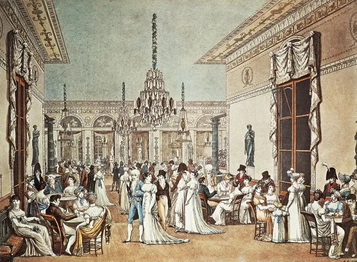Framed Print : Cafe Frascati in Paris, 1807. Engraving by Philibert-Louis Debucourt. A cafe and games room, it became famous for having ice-cream early in 1789. Engraving