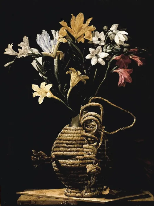 Framed Print : CAGNACCI, Guido (1601-1681). Flowers in a Flask. mid. 17th c. Baroque art. Oil on canvas. ITALY. Forl. Civic Pinacotheca