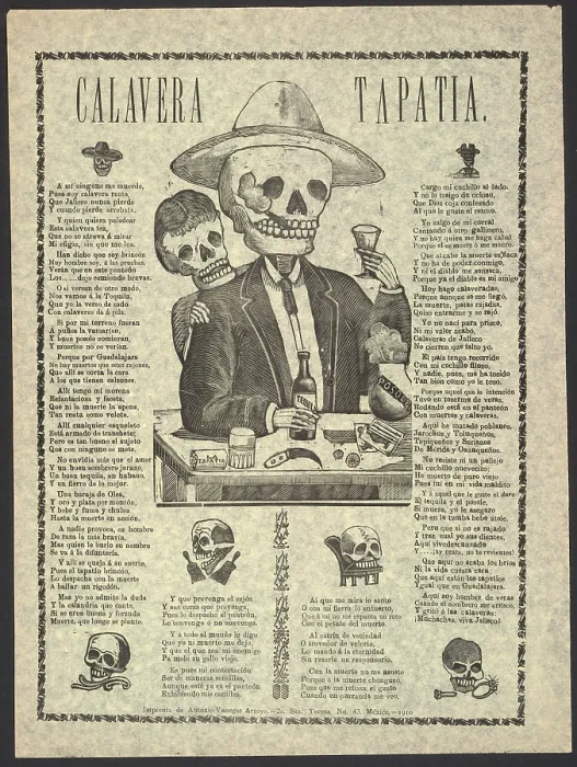 Framed Print : Calavera Tapatia, translation: Skulls From the State of Jalisco, broadside showing male skeleton having a drink of tequila and smoking a cigar, Mexico City, by Manuel Manilla