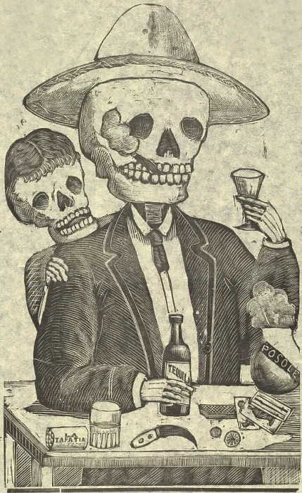 Framed Print : Detail from Calavera Tapatia, translation: Skulls From the State of Jalisco, broadside showing male skeleton having a drink of tequila and smoking a cigar, Mexico City Framed Print : Detail from Calavera Tapatia, translation: Skulls From the State of Jalisco, broadside showing male skeleton having a drink of tequila and smoking a cigar, Mexico City