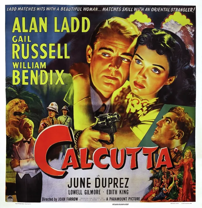Framed Print : CALCUTTA, US poster, top from left: Alan Ladd, Gail Russell, William Bendix (right), 1947 Framed Print : CALCUTTA, US poster, top from left: Alan Ladd, Gail Russell, William Bendix (right), 1947