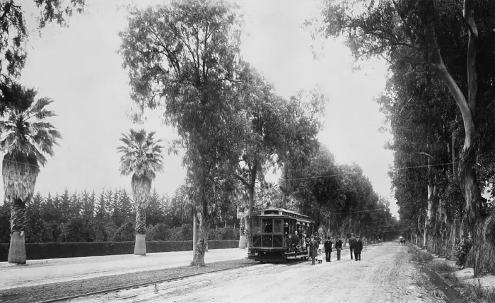 Framed Print : California, California Citrus Heritage Recording Project, view of Magnolia Avenue with electric street car, Riverside County, circa 1920s-1930s Framed Print : California, California Citrus Heritage Recording Project, view of Magnolia Avenue with electric street car, Riverside County, circa 1920s-1930s