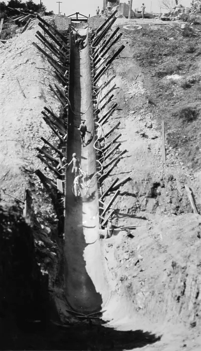 Framed Print : California, California Citrus Heritage Recording Project, view of construction of Gunite invert siphon replacing flume #10 on gage irrigation canal, Riverside County Framed Print : California, California Citrus Heritage Recording Project, view of construction of Gunite invert siphon replacing flume #10 on gage irrigation canal, Riverside County