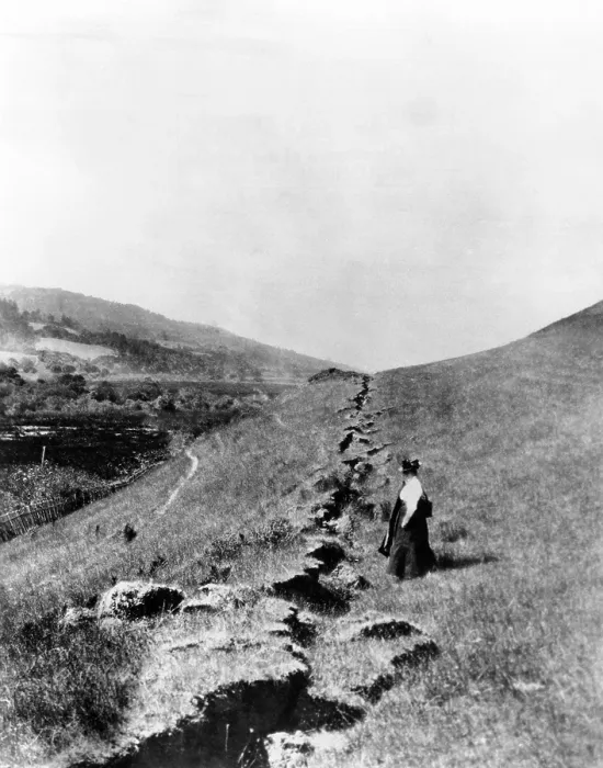 Framed Print : California Earthquake, 1906. Looking north along surface trace of San Andreas fault, two miles north of Skinner Ranch Olema, Marn County, California