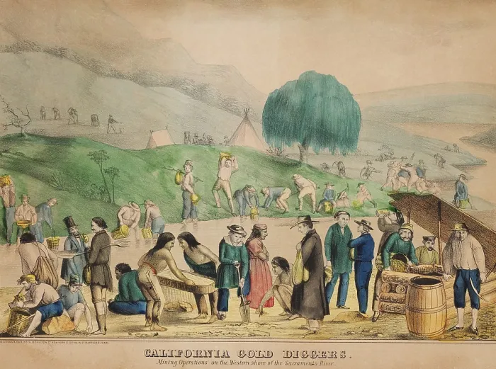 Framed Print : CALIFORNIA GOLD DIGGERS. Mining operations on the western shore of the Sacramento River engage a multi-ethnic group of about 60 people Framed Print : CALIFORNIA GOLD DIGGERS. Mining operations on the western shore of the Sacramento River engage a multi-ethnic group of about 60 people