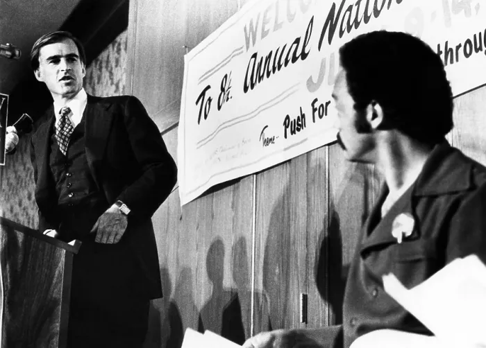 Framed Print : California Gov. Jerry Brown spoke to final session of Operation Push. At right is Rev. Jesse Jackson, leader of Operation Push. July 14, 1975
