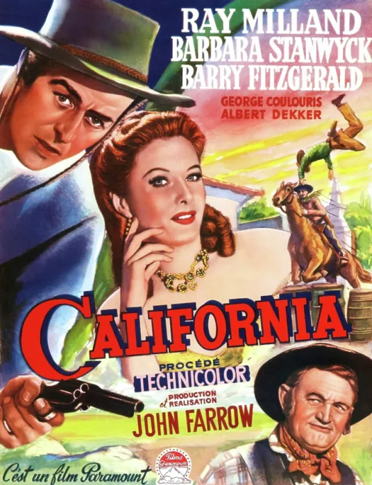 Framed Print : CALIFORNIA, top l-r: Ray Milland, Barbara Stanwyck, bottom: Barry Fitzgerald on Belgian poster art, 1946 Framed Print : CALIFORNIA, top l-r: Ray Milland, Barbara Stanwyck, bottom: Barry Fitzgerald on Belgian poster art, 1946