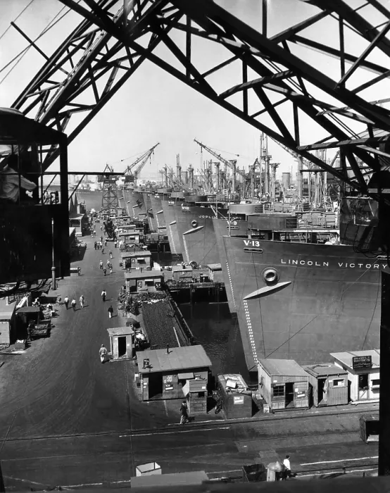 Framed Print : California Shipbuilding Corp. yard filled with nearly completed victory ships. ca. 1944. Courtesy: CSU Archives / Everett Collection Framed Print : California Shipbuilding Corp. yard filled with nearly completed victory ships. ca. 1944. Courtesy: CSU Archives / Everett Collection
