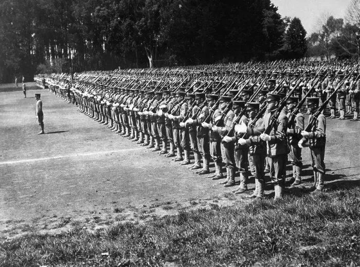Framed Print : California students inspection drill on the University Campus at Berkeley. World War I. Ca. 1917-18