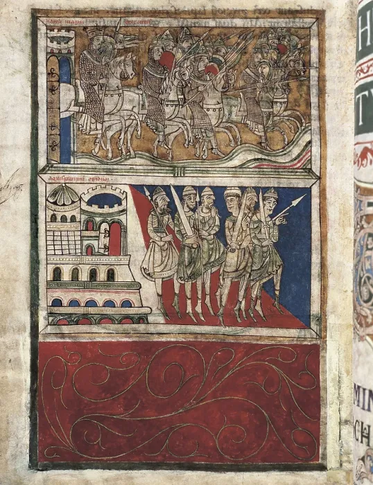 Framed Print : Calixtine Code. beg. 12th c. Charles the Greats leaving Aachen towards Compostela. Fol. 162v. book IV. Romanesque art. Miniature Painting. SPAIN. Santiago de Compostela Framed Print : Calixtine Code. beg. 12th c. Charles the Greats leaving Aachen towards Compostela. Fol. 162v. book IV. Romanesque art. Miniature Painting. SPAIN. Santiago de Compostela