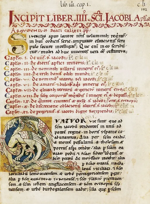 Framed Print : Calixtine Code. beg. 12th c. First page of this book dedicated to Santiago (Saint Jacques) and his pilgrimage. Romanesque art. Miniature Painting. SPAIN. Santiago de Compostela