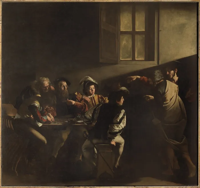 Framed Print : The Calling of St Matthew, by Michelangelo Merisi known as Caravaggio, 1599 - 1600, 16th Century, oil on canvas, cm 322 x 340 - Italy, Lazio, Rome, San Luigi dei Francesi Church