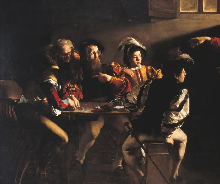 Framed Print : The Calling of St Matthew, by Michelangelo Merisi known as Caravaggio, 1599 - 1600, 16th Century, oil on canvas, cm 322 x 340 - Italy, Lazio, Rome, San Luigi dei Francesi Church