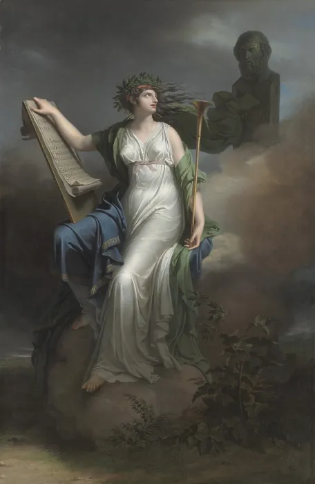 Framed Print : Calliope, Muse of Epic Poetry, 1798, by Charles Meynier, 1768-1832, French painting, oil on canvas. Calliope, the muse of sacred poetry, dance and eloquence