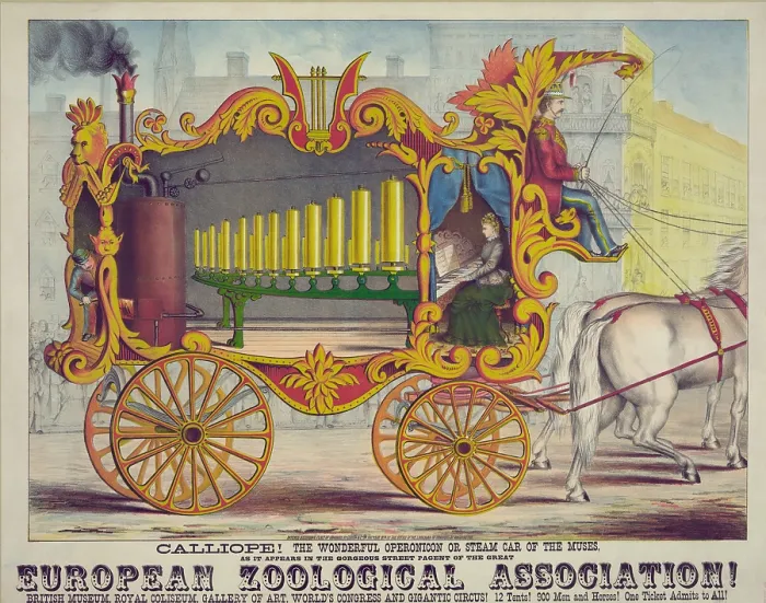 Framed Print : A calliope, or steam organ, produces sound by sending steam through whistles developed for locomotives. 1874