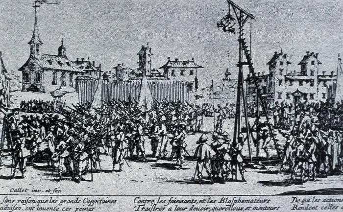 Framed Print : CALLOT, Jacques (1592-1635). The Great Miseries of War. 1633. Series inspired by the Thirty Years War. Plate No. 10: 'L'Estrapade' (The Strappado)