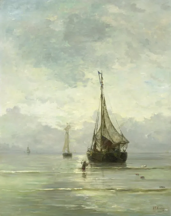 Framed Print : Calm Sea, by Hendrik Willem Mesdag, 1860-1900, Dutch painting, oil on canvas. Fishing boats approaching beach as a wading man carries an anchor. (BSLOC_2016_1_215)