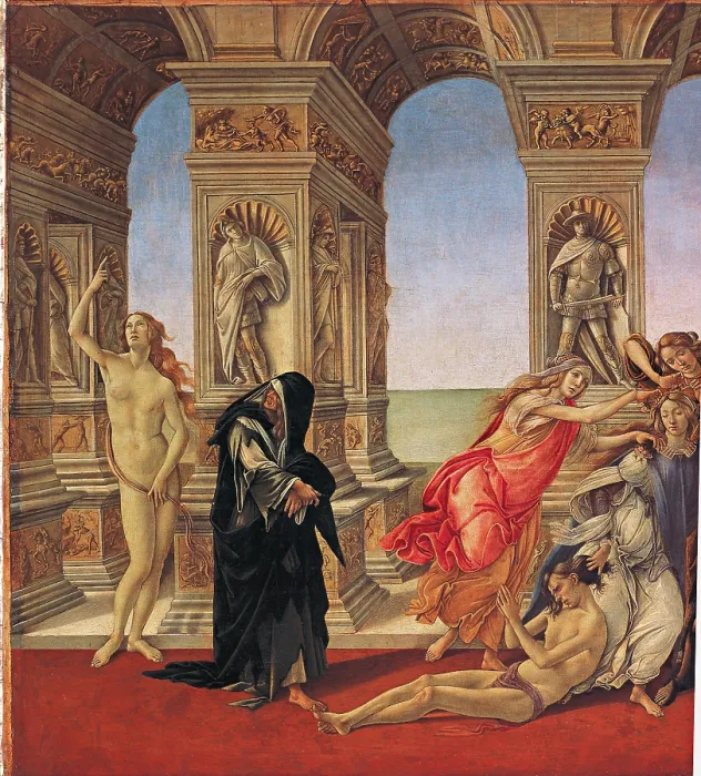 Framed Print : Calumny of Apelles, by Sandro Filipepi Known as Botticelli, 1494 - 1495 about, 15th Century, tempera on panel, cm 62 x 91 - Italy, Tuscany, Florence, Uffizi Gallery