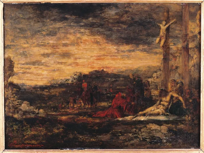 Framed Print : Calvary, by Gustave Moreau, 1867 about, 19th Century, oil on panel, cm 24 x 32 - France, Ile de France, Paris, Muse dOrsay. All. Calvary mountain cross Christ Magdalene red