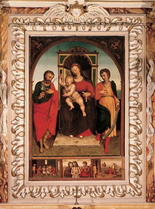 Framed Print : Cambiaso Giovanni, Cambiaso Luca, Brea Francesco, Madonna and Child with Sts Crispin and Crispinian, 16th Century, panel, Italy, Liguria, Taggia, Imperia