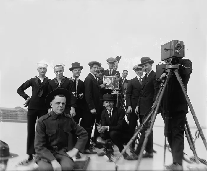 Framed Print : Camera men at Navy yard, circa 1910s Framed Print : Camera men at Navy yard, circa 1910s