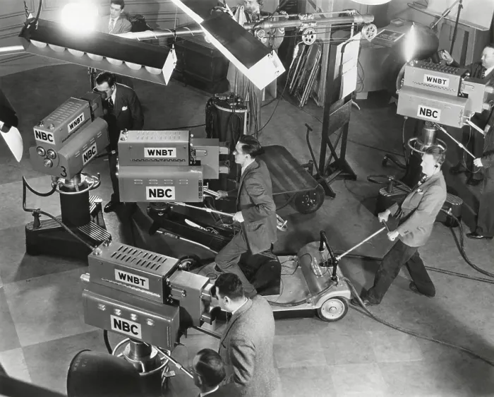 Framed Print : Cameras are tested on the television studio set before the program goes on the air. - (BSLOC_2014_17_139)