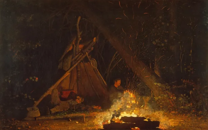 Framed Print : CAMP FIRE, by Winslow Homer, 1880, American painting, oil on canvas. Illuminated by firelight, two fishermen camp in an open shelter with their tackle basket and long-handled net