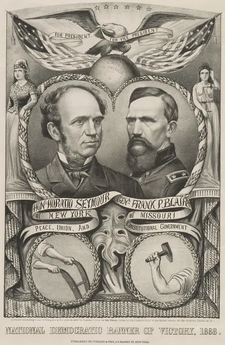Framed Print : Campaign banner for the 1868 Democratic presidential ticket of Horatio Seymour and his running mate, Preston Blair, Jr