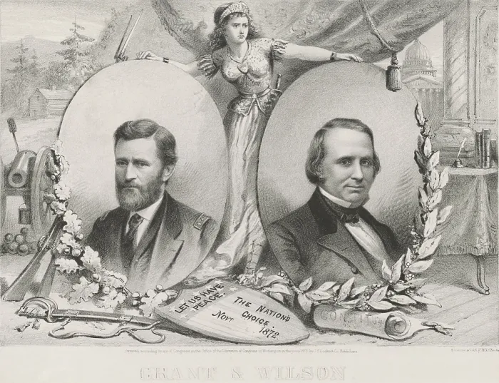 Framed Print : Campaign banner for the 1872 Republican presidential ticket. Presidential nominee Ulysses S. Grant and his running mate, Henry Wilson, a Senator from Massachusetts