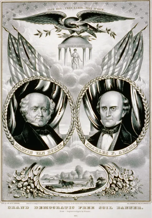 Framed Print : Campaign banner for Free Soil Party Democratic candidates Martin Van Buren and Charles Francis Adams in the presidential race of 1848