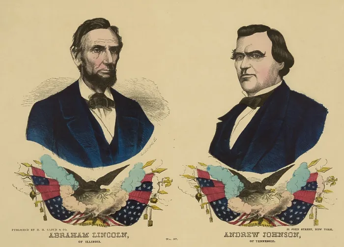 Framed Print : Campaign banner for the Republican ticket in the 1864 presidential election, Abraham Lincoln of Illinois and Andrew Johnson of Tennessee. 1864