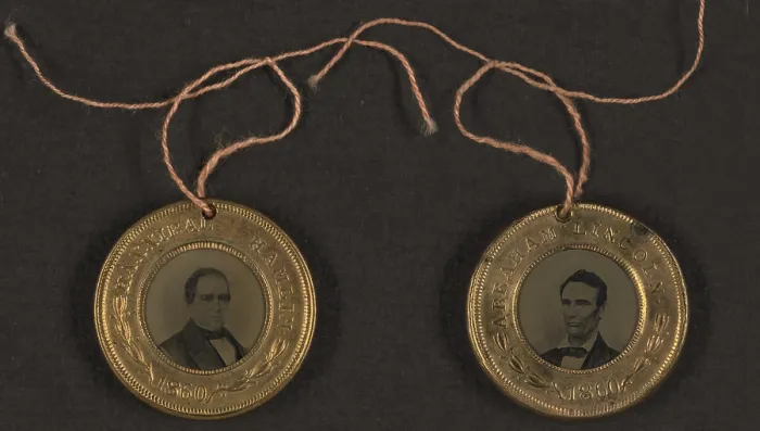 Framed Print : Campaign button for 1860 presidential election showing bust tintype portrait of Abraham Lincoln and Vice Presidential candidate, Hannibal Hamlin. 1860 Framed Print : Campaign button for 1860 presidential election showing bust tintype portrait of Abraham Lincoln and Vice Presidential candidate, Hannibal Hamlin. 1860