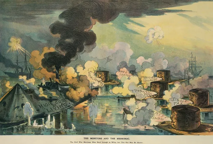 Framed Print : Campaign issues of 1912 as interpreted by a Puck Magazine political cartoon of Feb. 28, 1912. THE MONITORS AND THE MERRIMAC