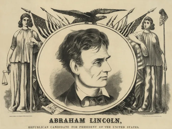 Framed Print : Campaign poster for Republican presidential candidate Abraham Lincoln, 1860. The portrait of Lincoln is flanked by allegorical figures of Justice and Liberty (BSLOC_2018_6_3) Framed Print : Campaign poster for Republican presidential candidate Abraham Lincoln, 1860. The portrait of Lincoln is flanked by allegorical figures of Justice and Liberty (BSLOC_2018_6_3)