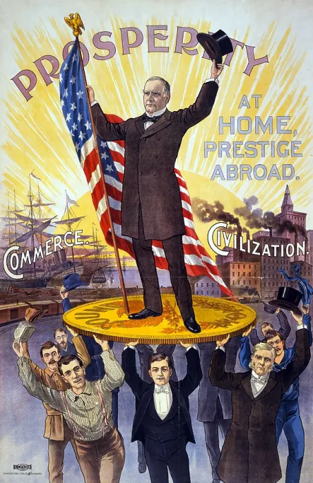 Framed Print : Campaign poster showing William McKinley holding U.S. flag and standing on gold coin