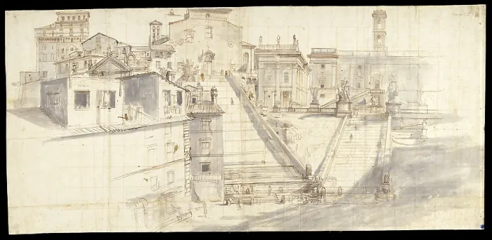 Framed Print : Campidoglio and Aracoeli, by Gaspar Van Wittel detto Gaspare Vanvitelli, 1680, 17th Century, red chalk, pen, ink and sepia on paper painting - Italy, Lazio, Rome
